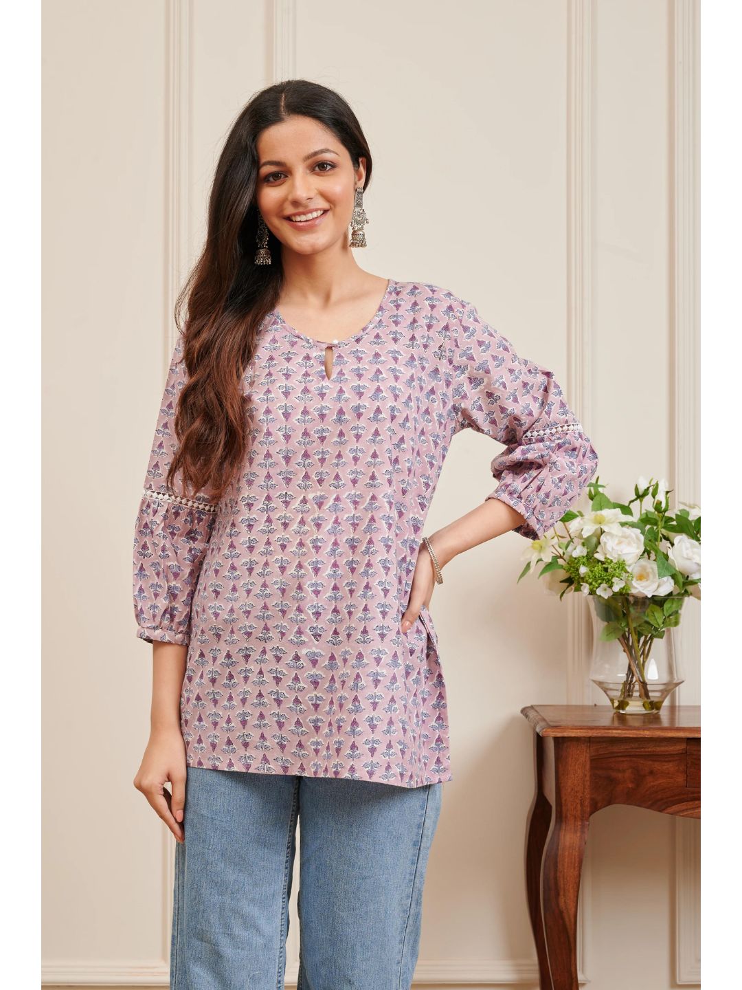 Mauve-Handblock-Printed-Cotton-Tunic-Top