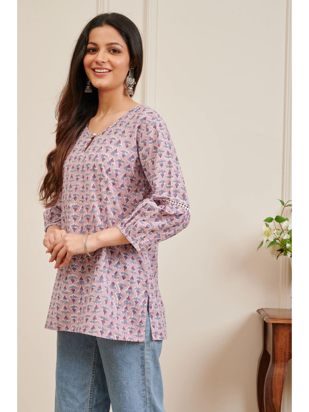 Mauve-Handblock-Printed-Cotton-Tunic-Top