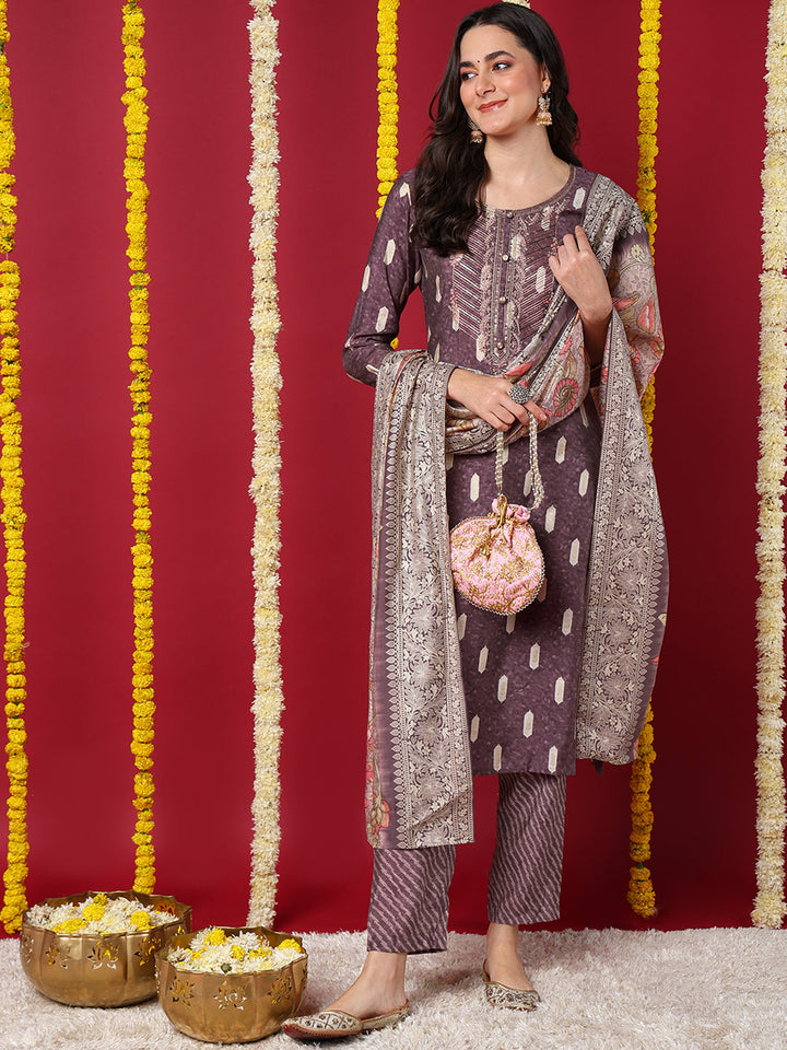Mauve Silk Blend Ethnic Motifs Embroidered Straight Kurta Trouser With Dupatta