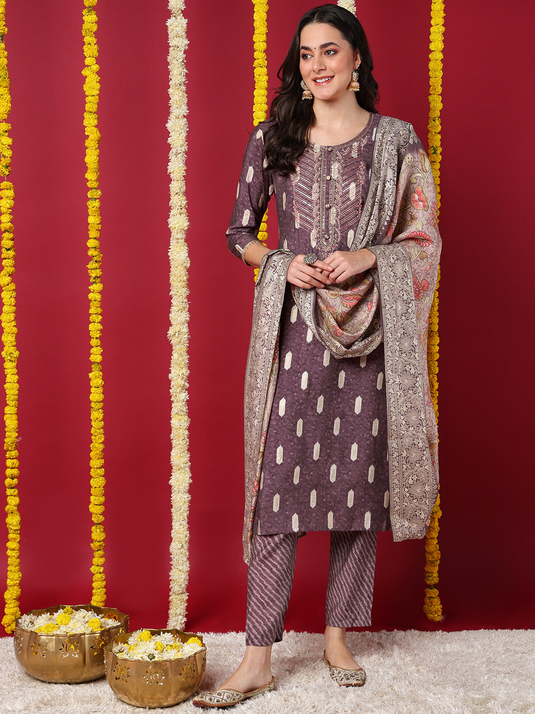 Mauve Silk Blend Ethnic Motifs Embroidered Straight Kurta Trouser With Dupatta