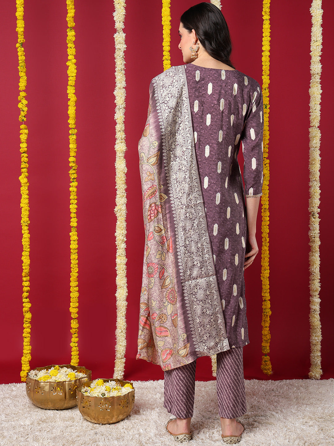 Mauve Silk Blend Ethnic Motifs Embroidered Straight Kurta Trouser With Dupatta