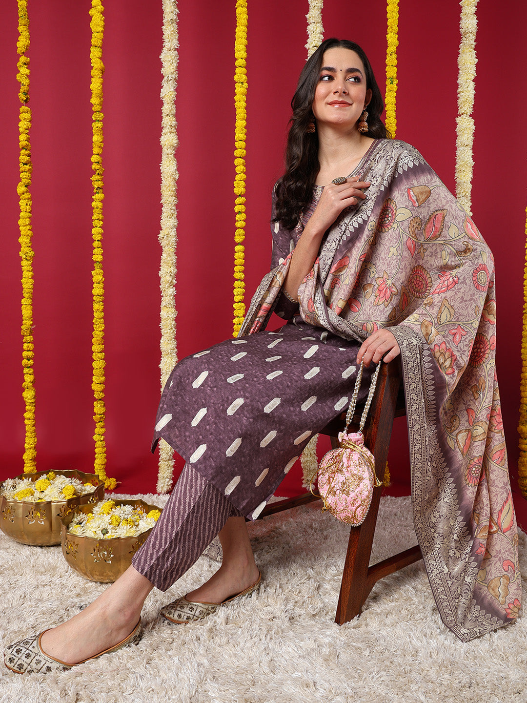 Mauve Silk Blend Ethnic Motifs Embroidered Straight Kurta Trouser With Dupatta
