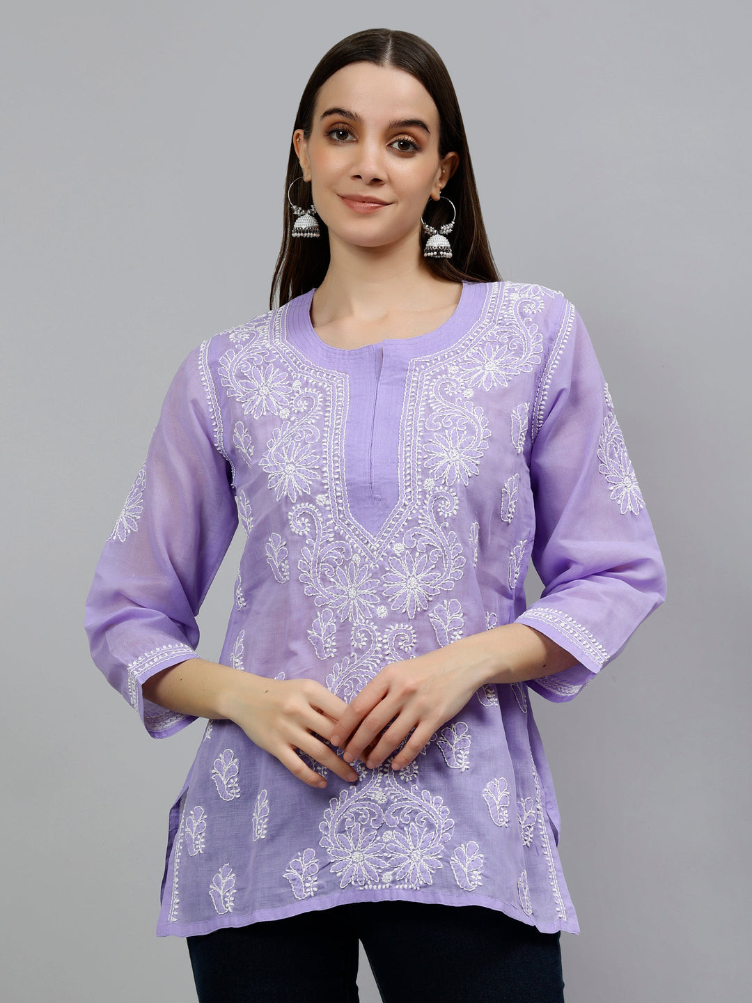 Mauve Terivoil Cotton Embroidered Chikankari Short Tunic