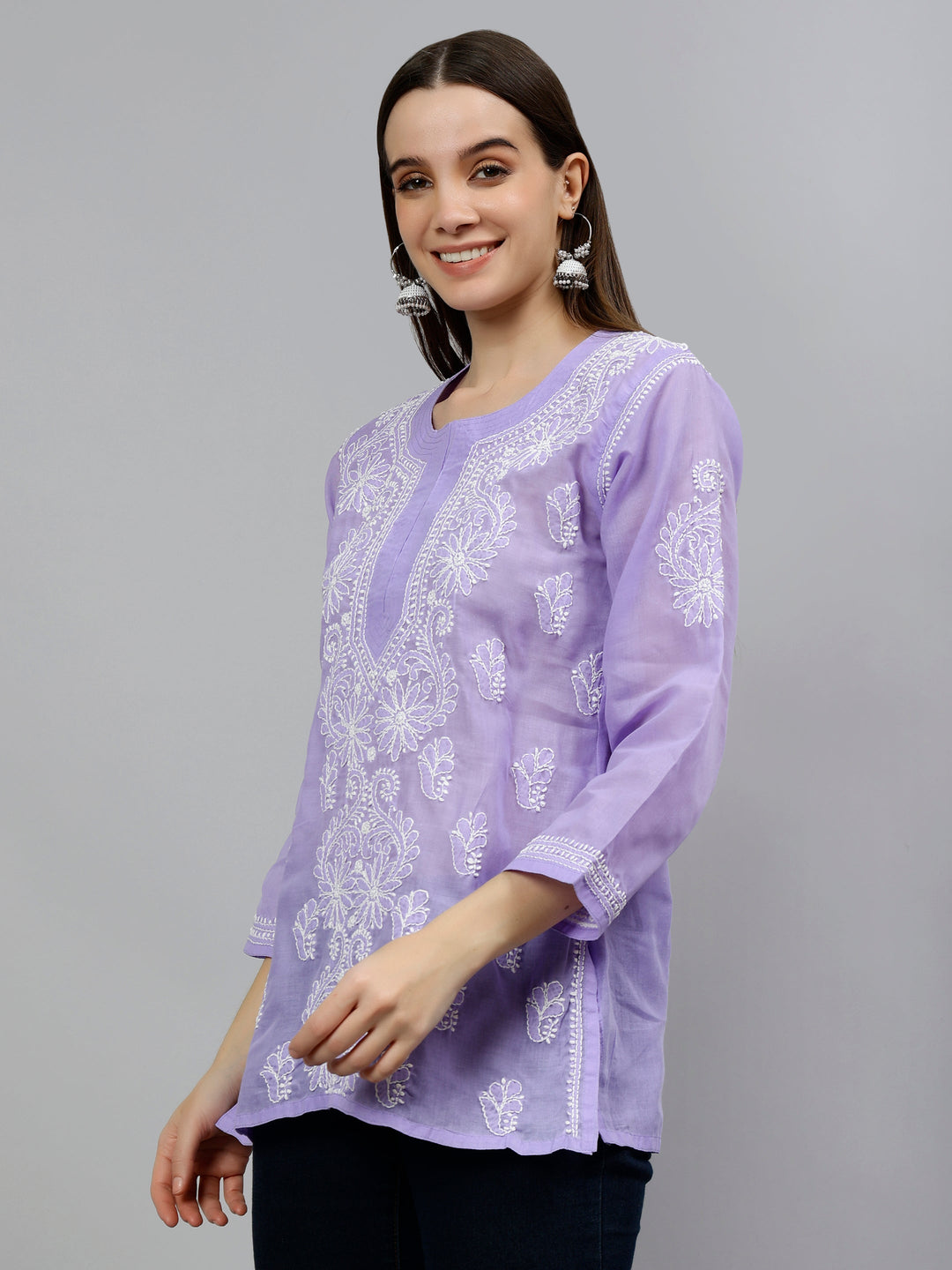 Mauve Terivoil Cotton Embroidered Chikankari Short Tunic