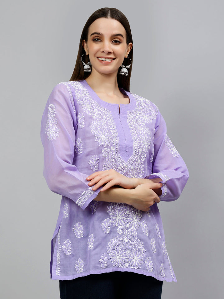 Mauve Terivoil Cotton Embroidered Chikankari Short Tunic