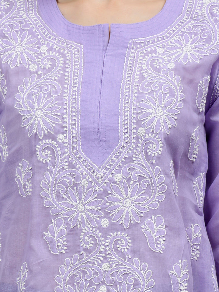 Mauve Terivoil Cotton Embroidered Chikankari Short Tunic