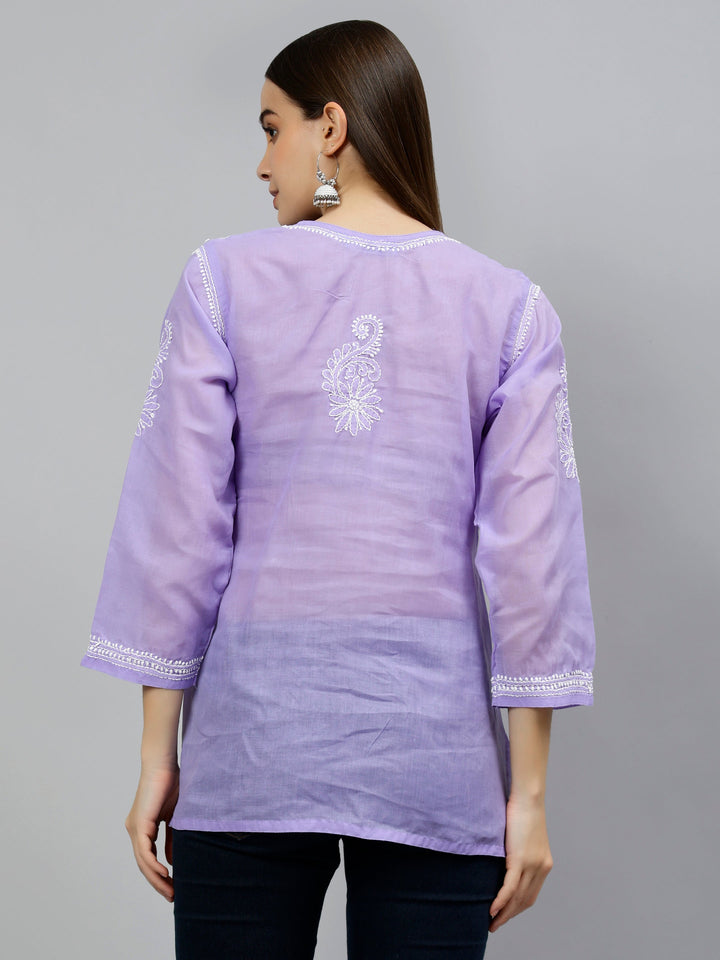 Mauve Terivoil Cotton Embroidered Chikankari Short Tunic