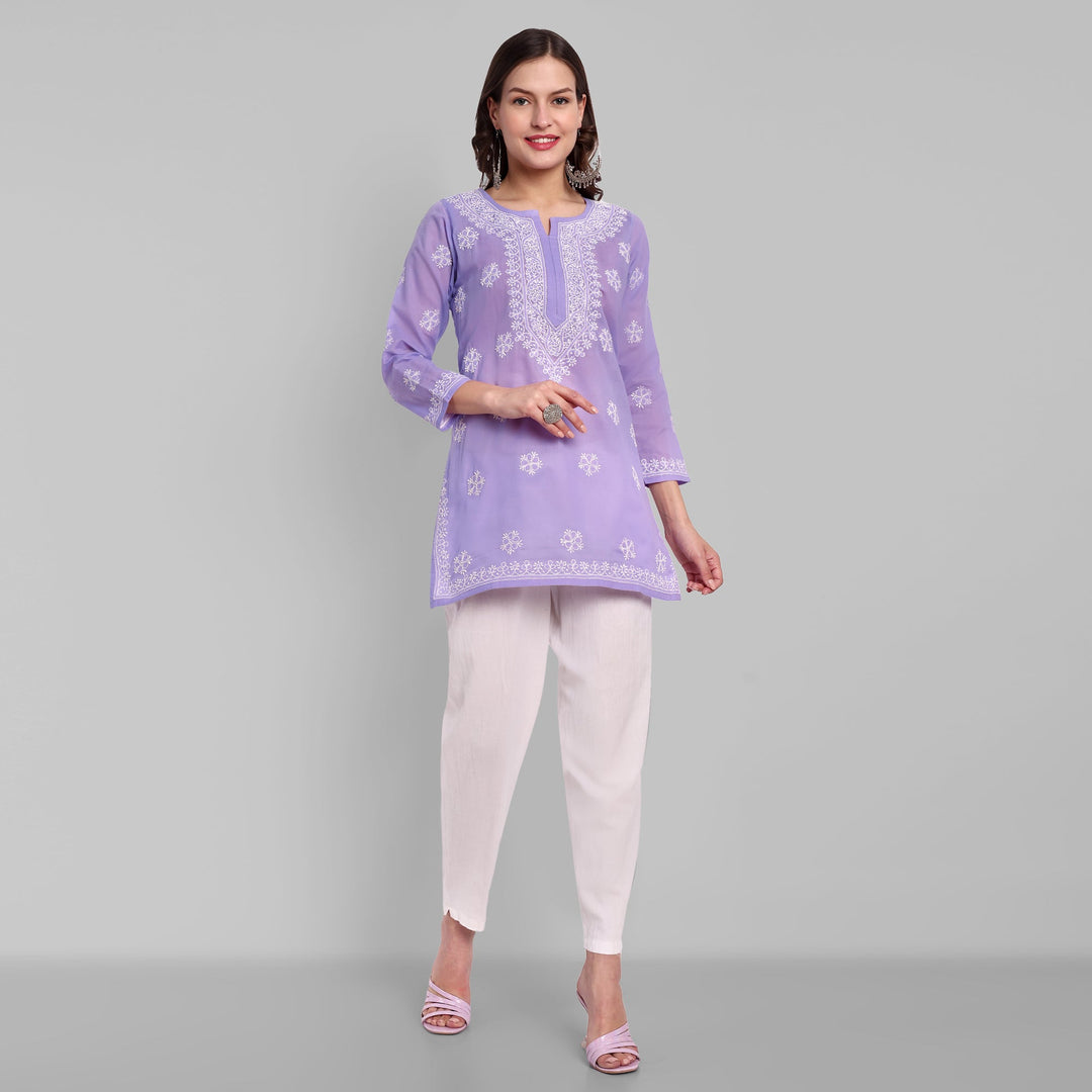 Mauve & White Floral Bale Booti Chikankari Tunic Top