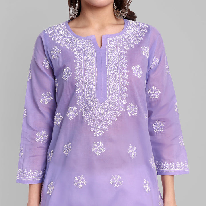 Mauve & White Floral Bale Booti Chikankari Tunic Top