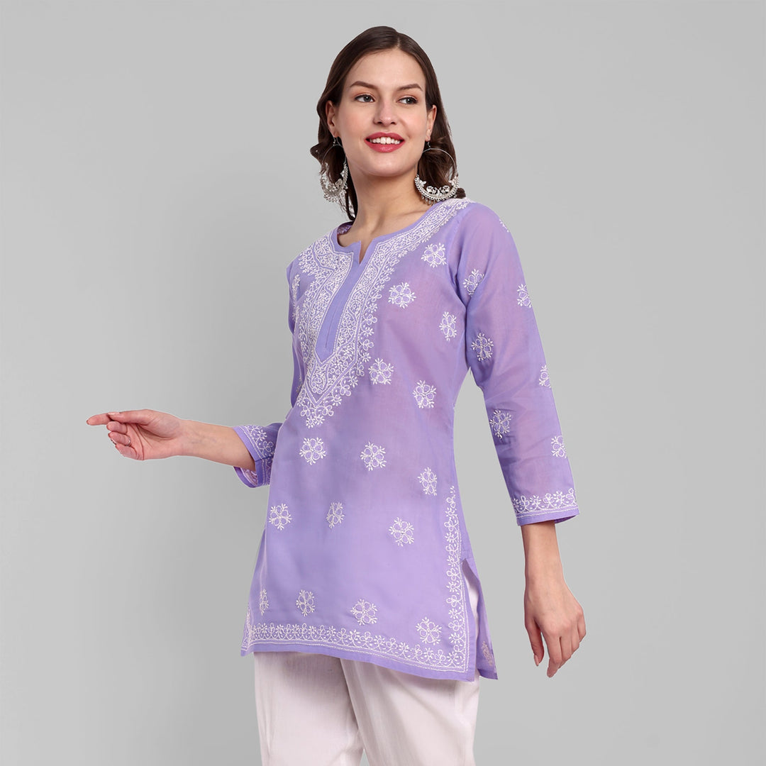 Mauve & White Floral Bale Booti Chikankari Tunic Top