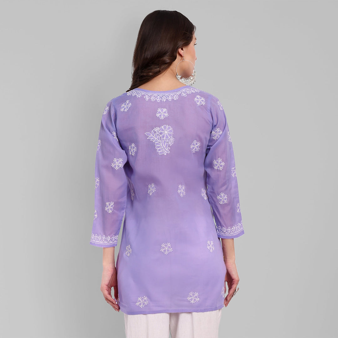 Mauve & White Floral Bale Booti Chikankari Tunic Top