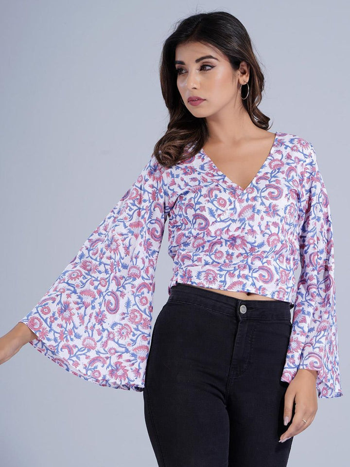 Mauve & White Printed Wrap Style Crop Top