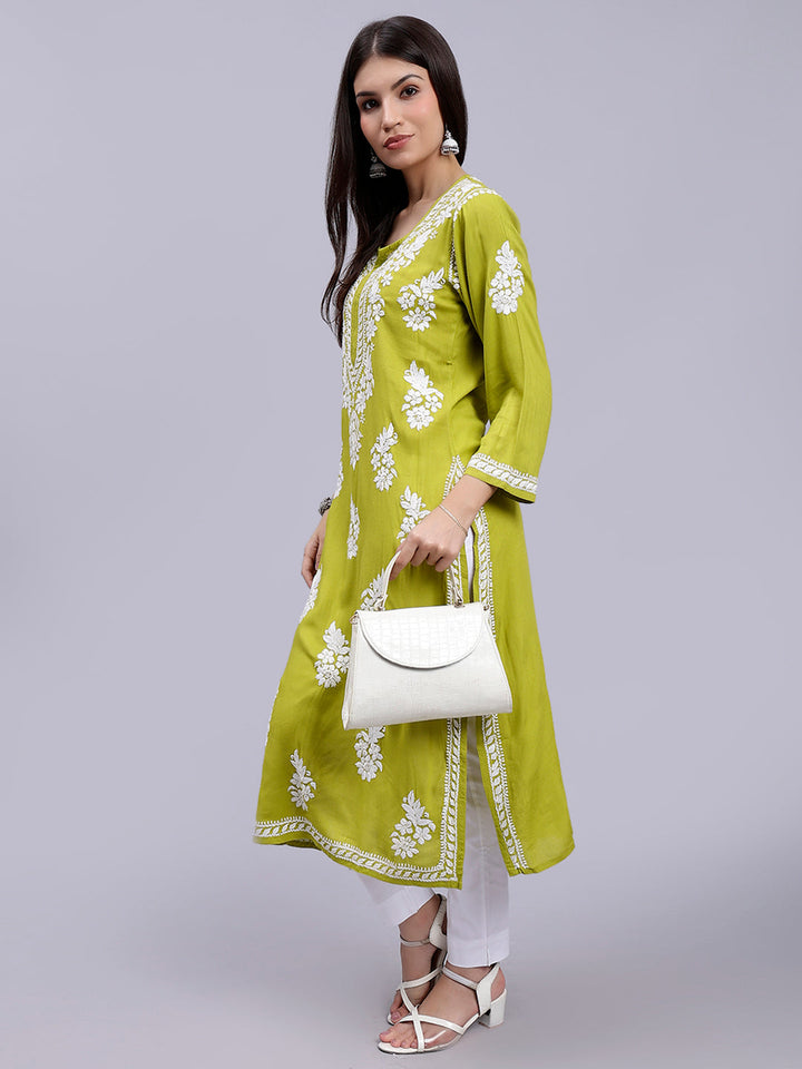 Mehendi Green Rayon Handwoven Chikankari Kurti