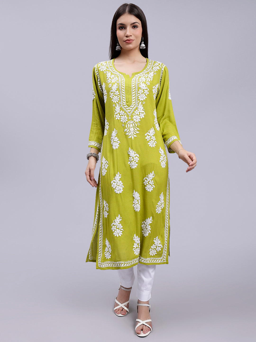 Mehendi Green Rayon Handwoven Chikankari Kurti