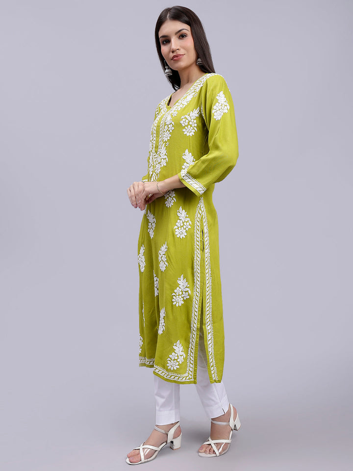 Mehendi Green Rayon Handwoven Chikankari Kurti