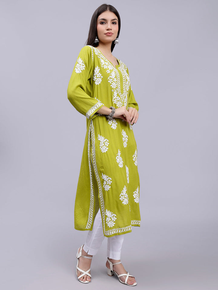 Mehendi Green Rayon Handwoven Chikankari Kurti