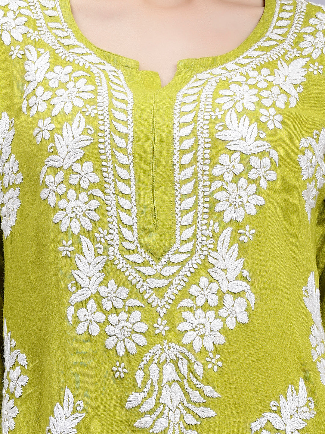 Mehendi Green Rayon Handwoven Chikankari Kurti