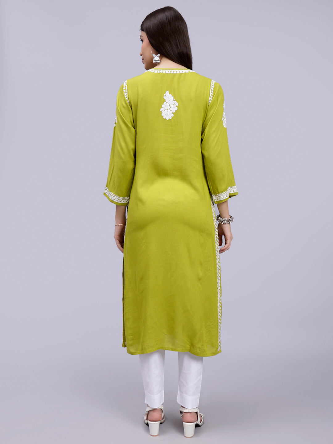 Mehendi Green Rayon Handwoven Chikankari Kurti