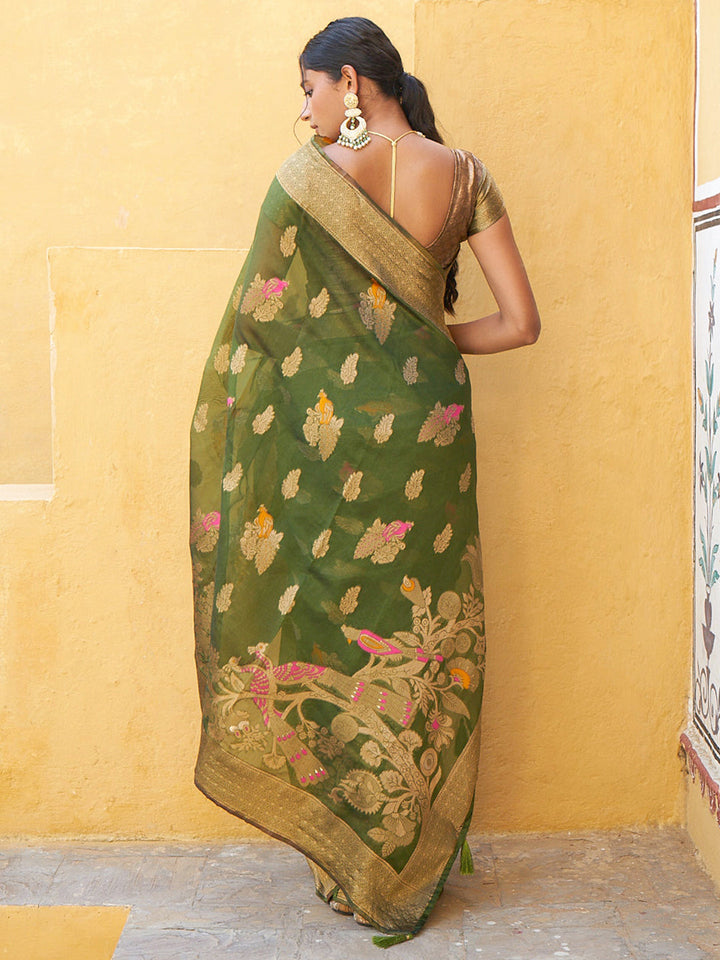 ZERESOUQ-Mehendi-Green-Woven-Ethnic-Kanjeevaram-Organza-Festive-Saree