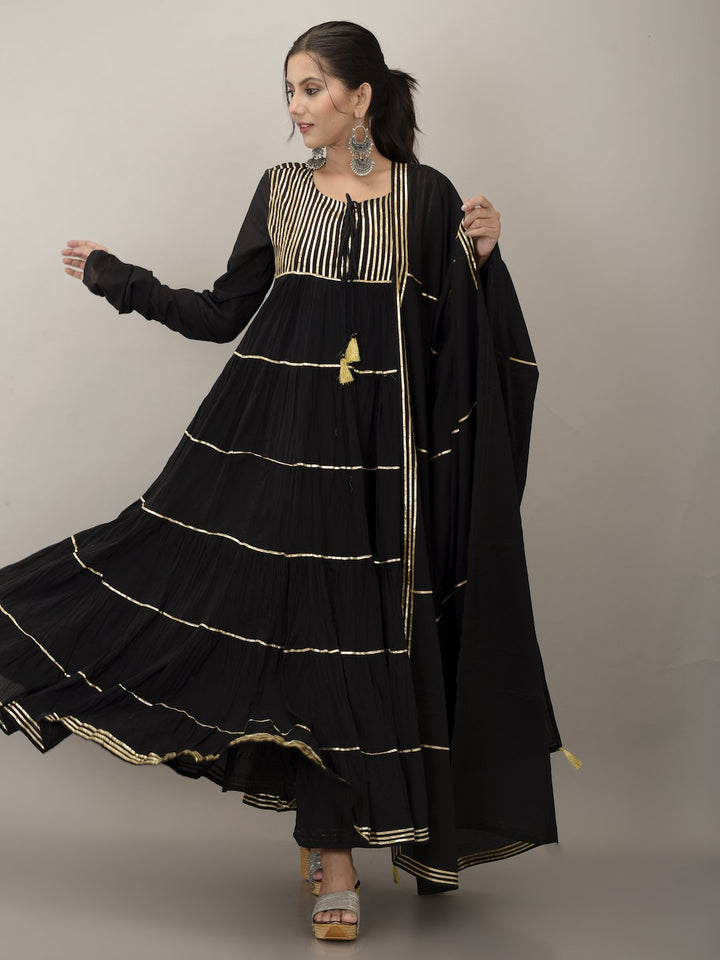 Midnight Black Flared Maxi Dress With Dupatta