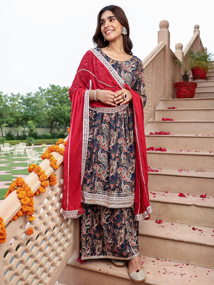 ZERESOUQ-Midnight-Blue-&-Red-Cotton-Ethnic-Printed-3-Piece-Kurta-Set