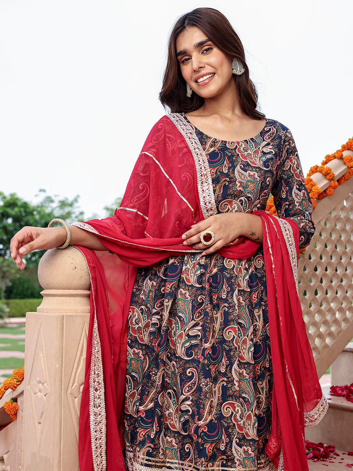 ZERESOUQ-Midnight-Blue-&-Red-Cotton-Ethnic-Printed-3-Piece-Kurta-Set