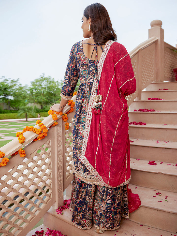 ZERESOUQ-Midnight-Blue-&-Red-Cotton-Ethnic-Printed-3-Piece-Kurta-Set