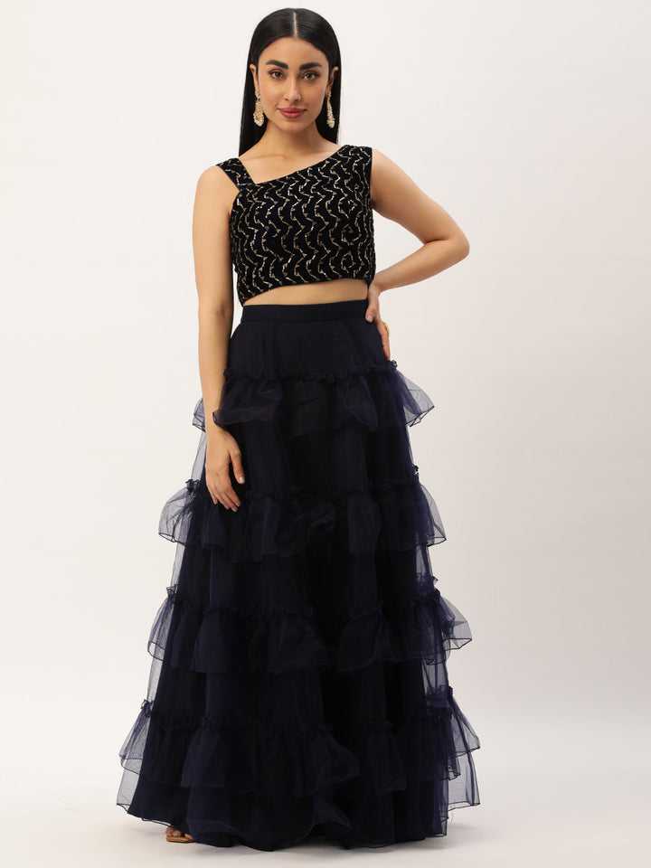 Midnight & Navy Blue Velvet Embroidered Skirt Set