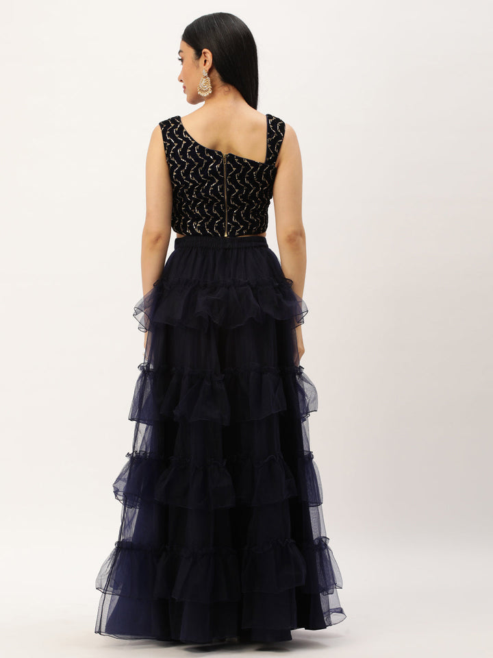 Midnight & Navy Blue Velvet Embroidered Skirt Set