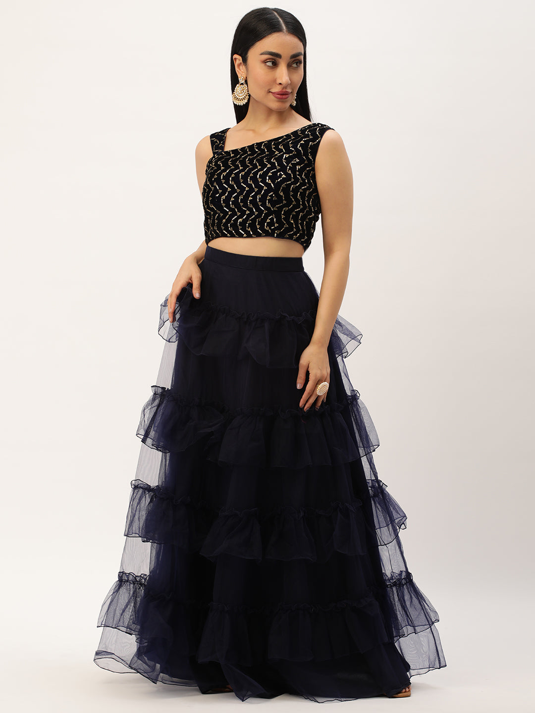 Midnight & Navy Blue Velvet Embroidered Skirt Set