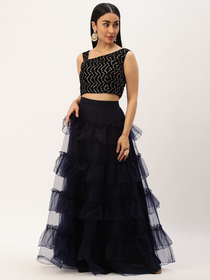 Midnight & Navy Blue Velvet Embroidered Skirt Set