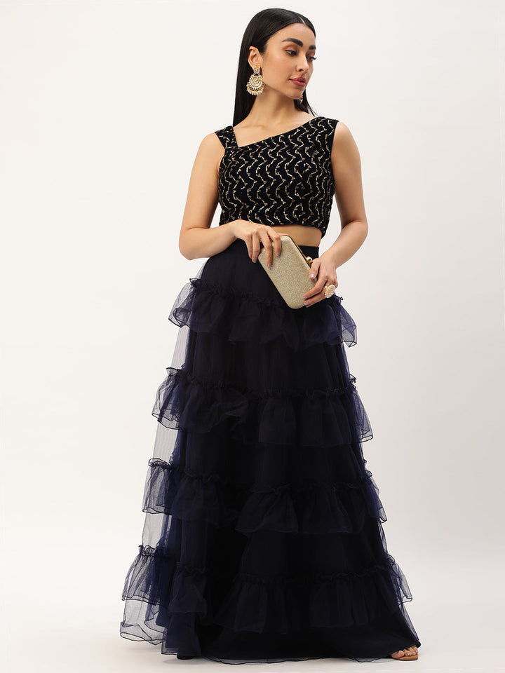 Midnight & Navy Blue Velvet Embroidered Skirt Set
