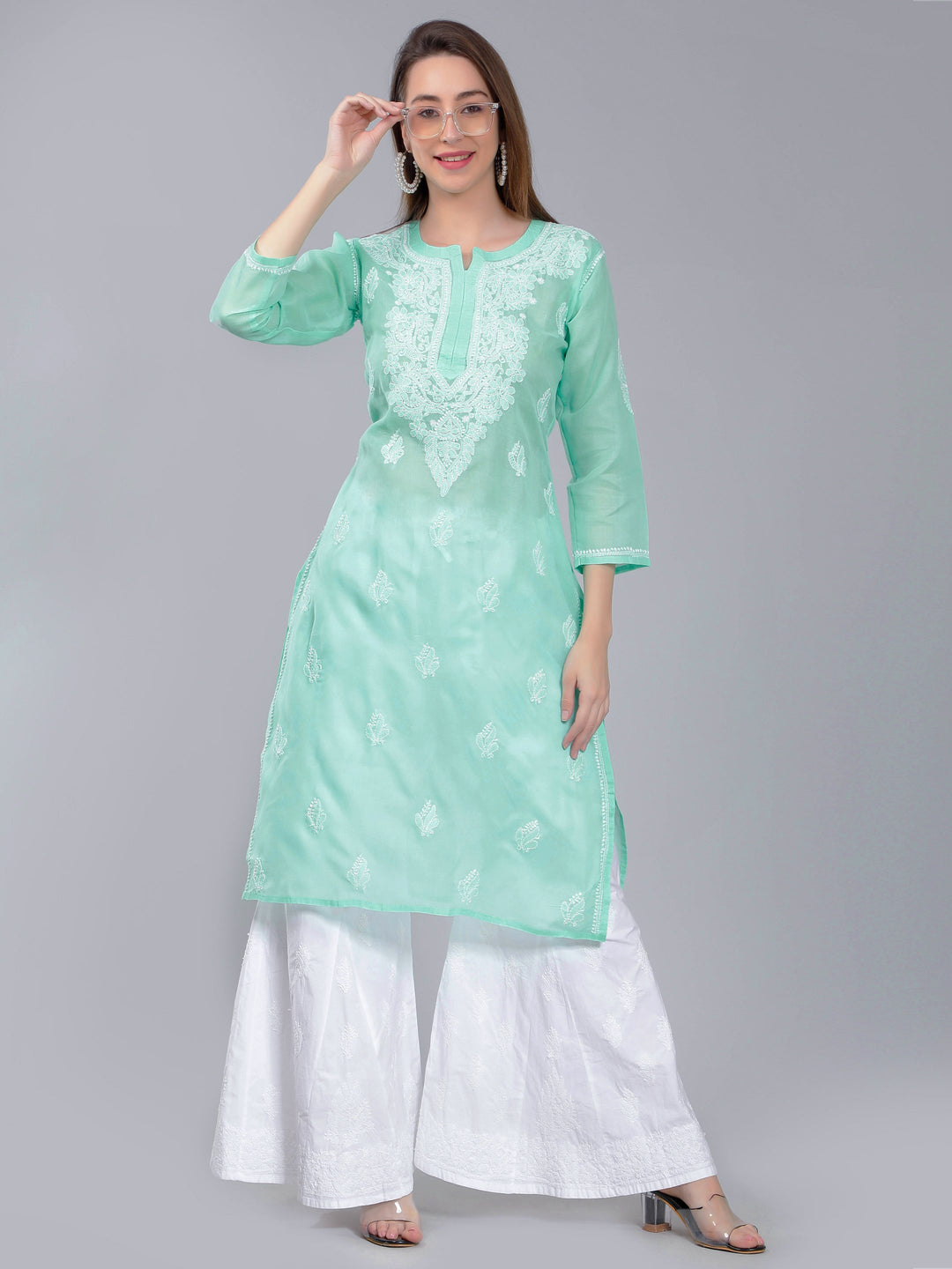 Mint-Blue-Cotton-Chikankari-Straight-Kurta