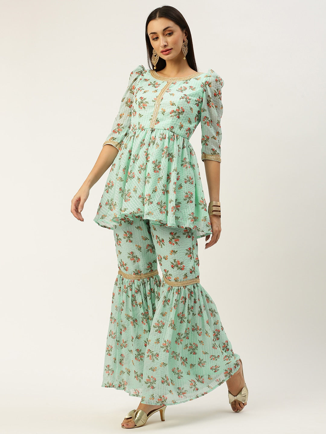 Mint Green Digital Printed Georgette Sharara Co-Ord Set