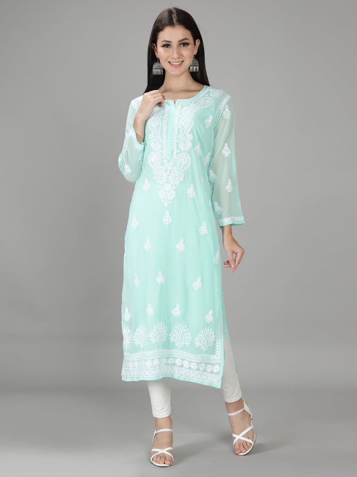 Mint Green Georgette Chikan Kurta with Slip