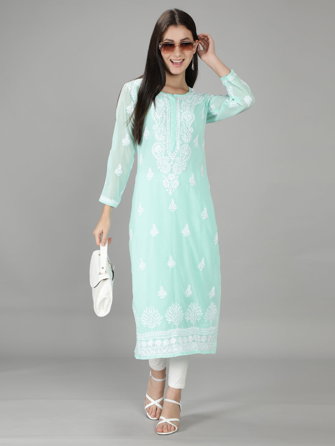 Mint Green Georgette Chikan Kurta with Slip