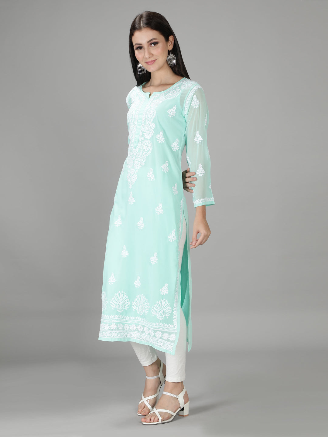 Mint Green Georgette Chikan Kurta with Slip