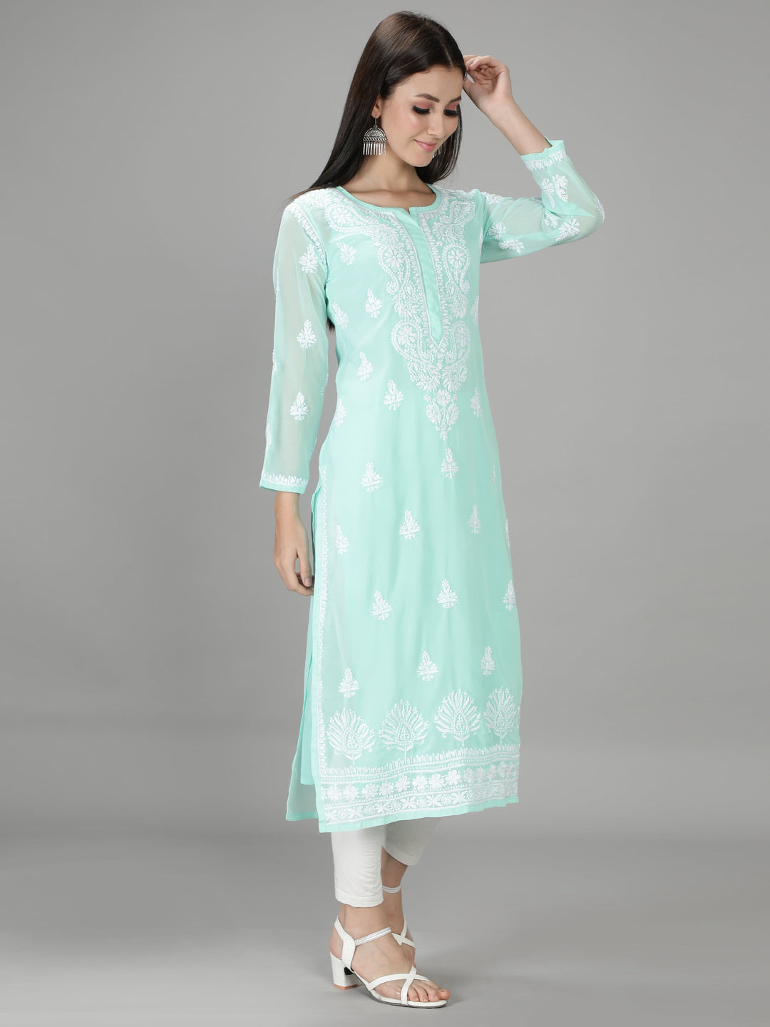 Mint Green Georgette Chikan Kurta with Slip