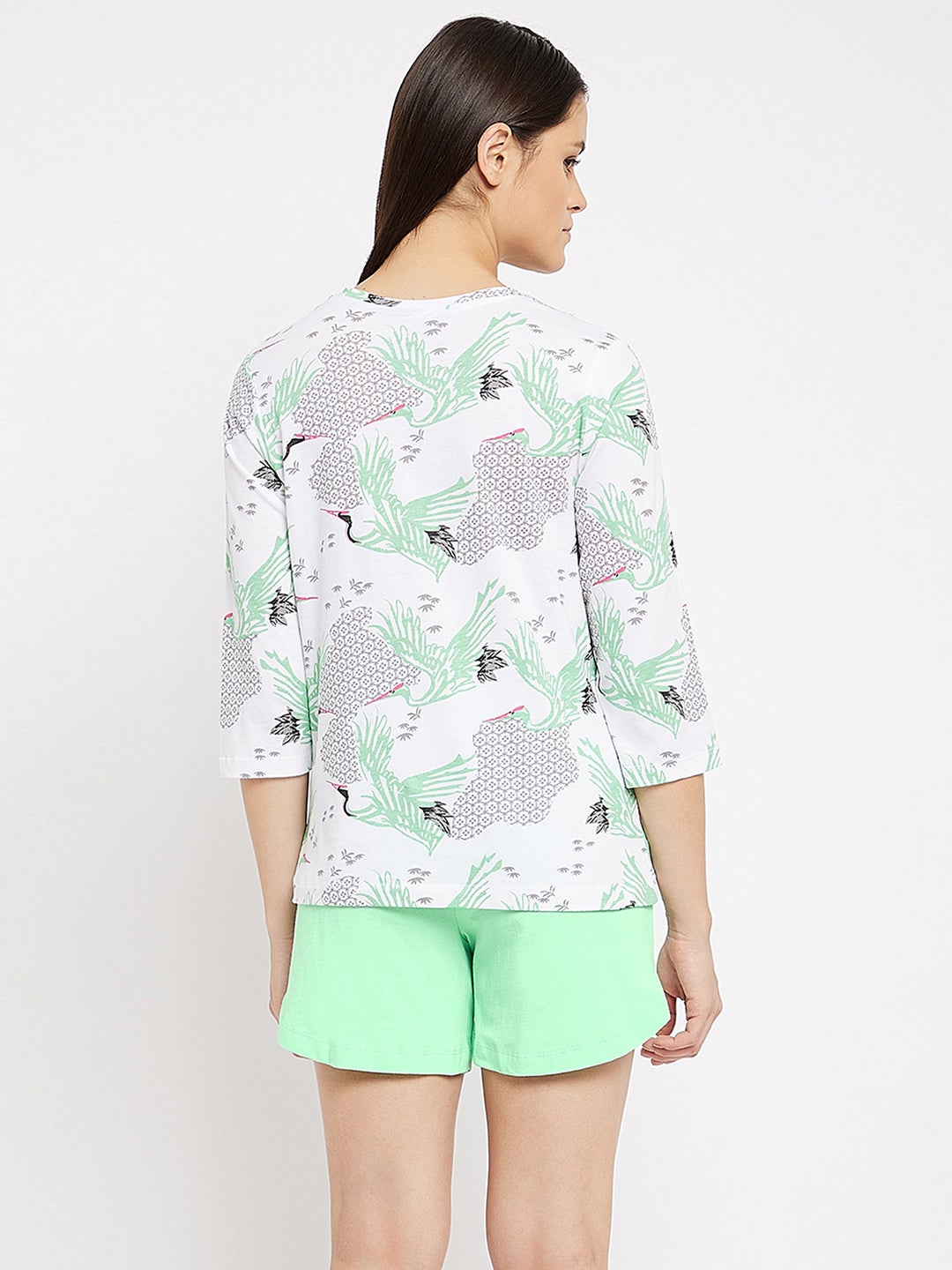 Mint Green Print Top In White & Solid Shorts