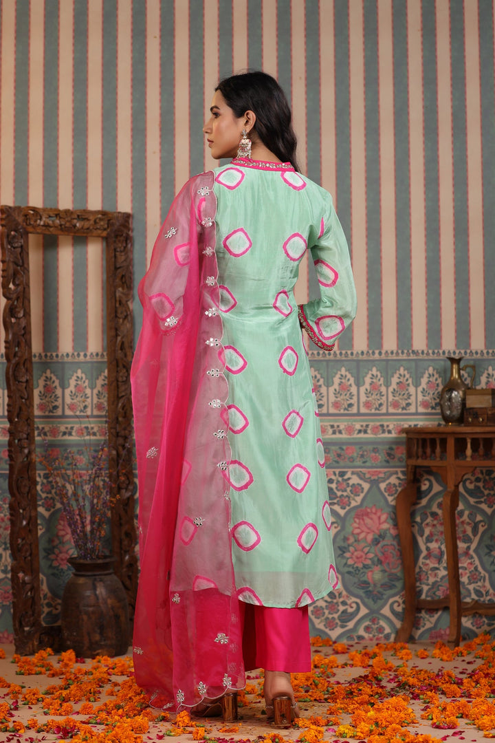 Mint Green & Pink Organza Silk Tie-Dye Suit Set