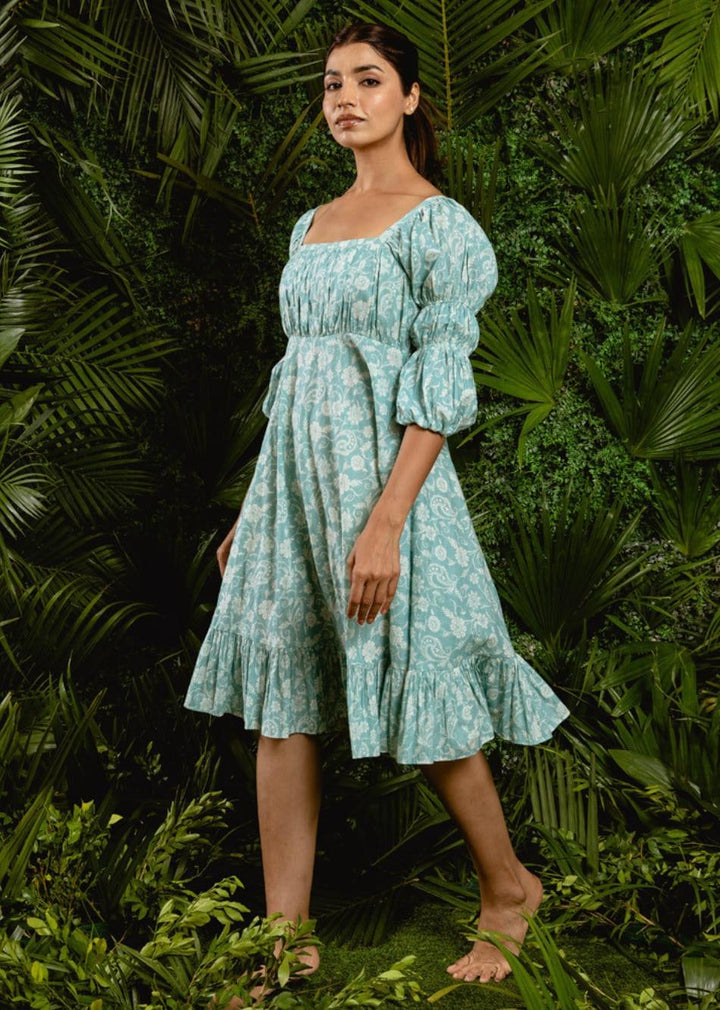 Minty Blue Knee Length Dress with Puffy Long Sleeves