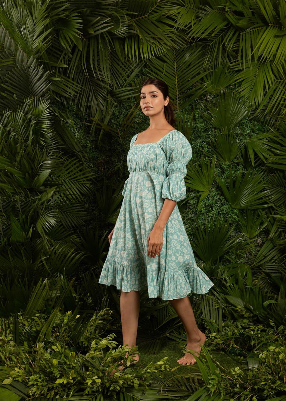 Minty Blue Knee Length Dress with Puffy Long Sleeves