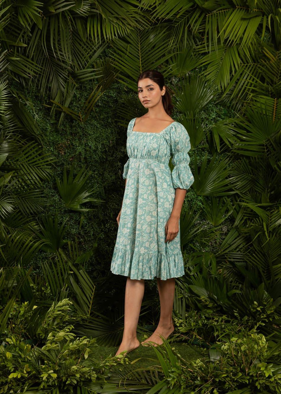 Minty Blue Knee Length Dress with Puffy Long Sleeves