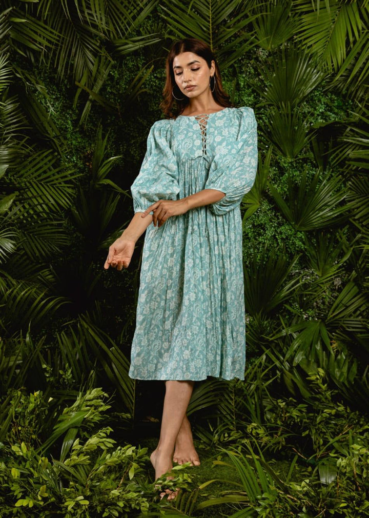 Minty Blue Printed Criss-Cross Dori Yoke Midi Dress