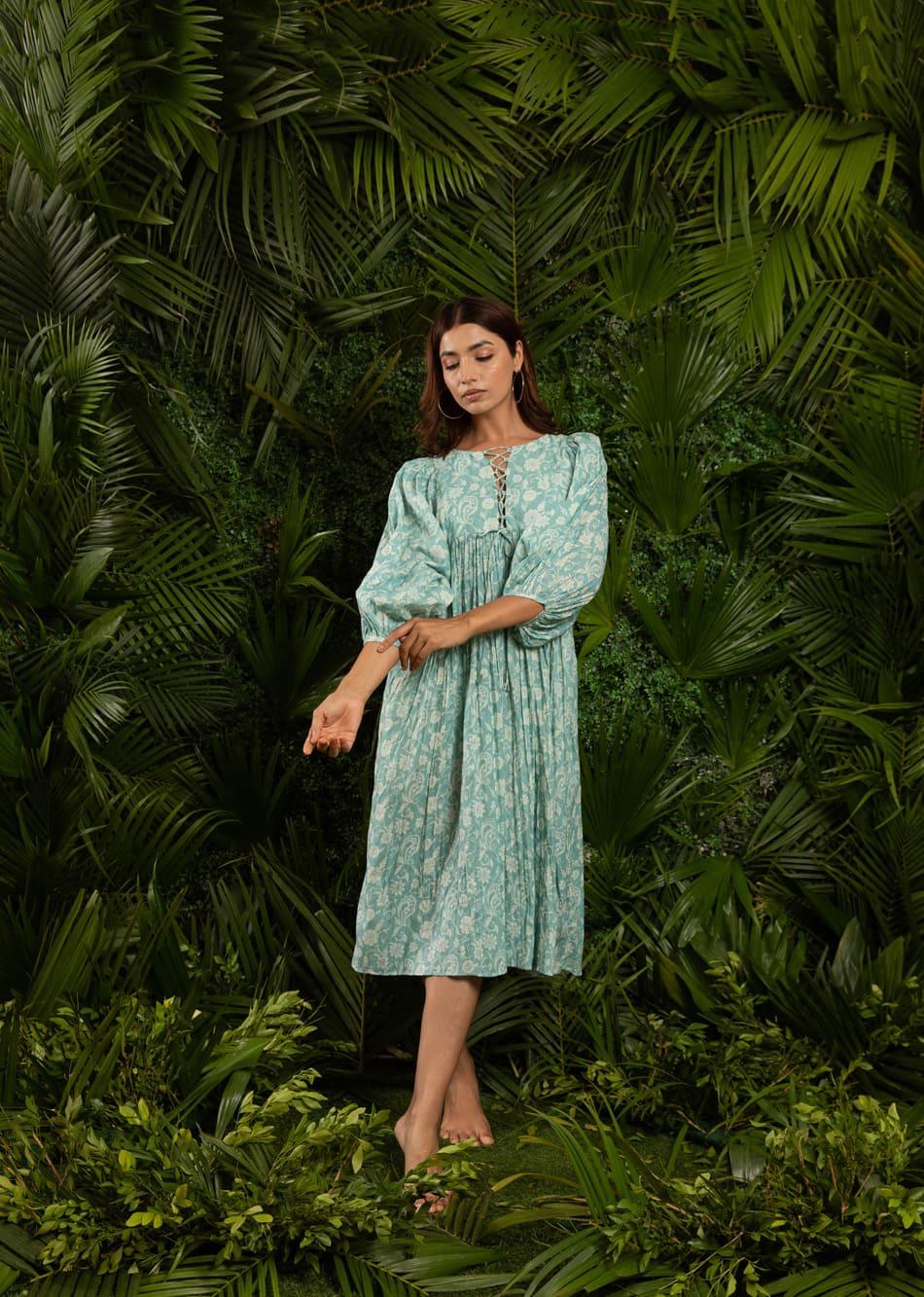 Minty Blue Printed Criss-Cross Dori Yoke Midi Dress