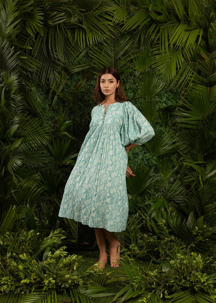 Minty Blue Printed Criss-Cross Dori Yoke Midi Dress