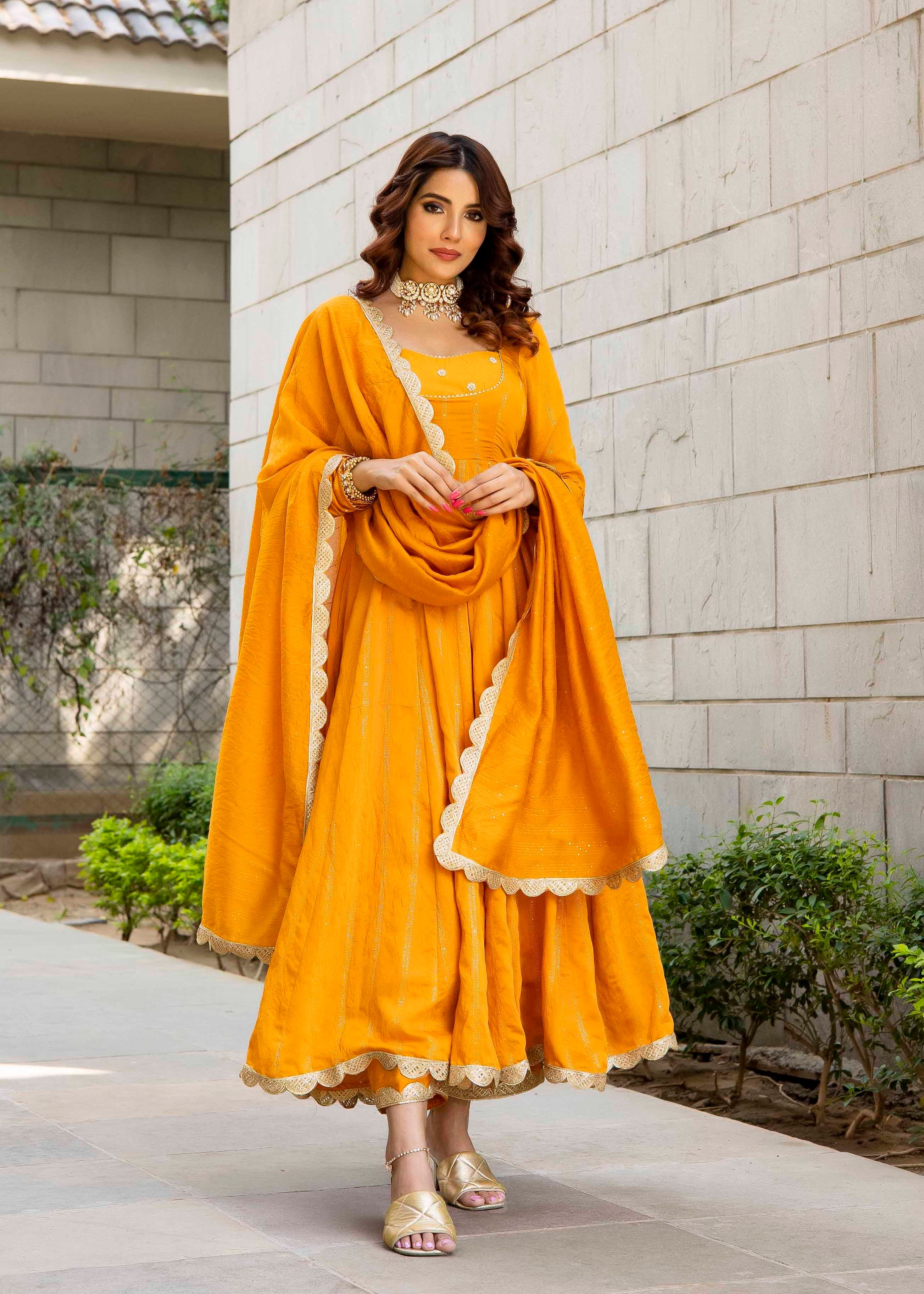 Mustard Anarkali Silk dress good 3 piece