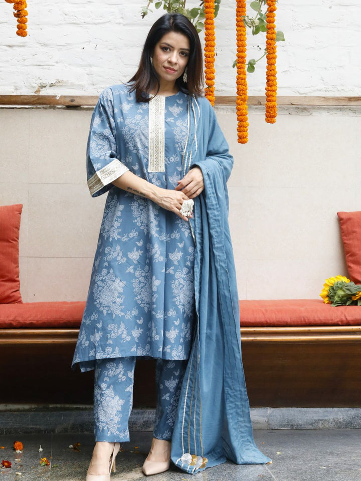 Mishri Blue Khadi Prin Kurta & Pant with Dupatta