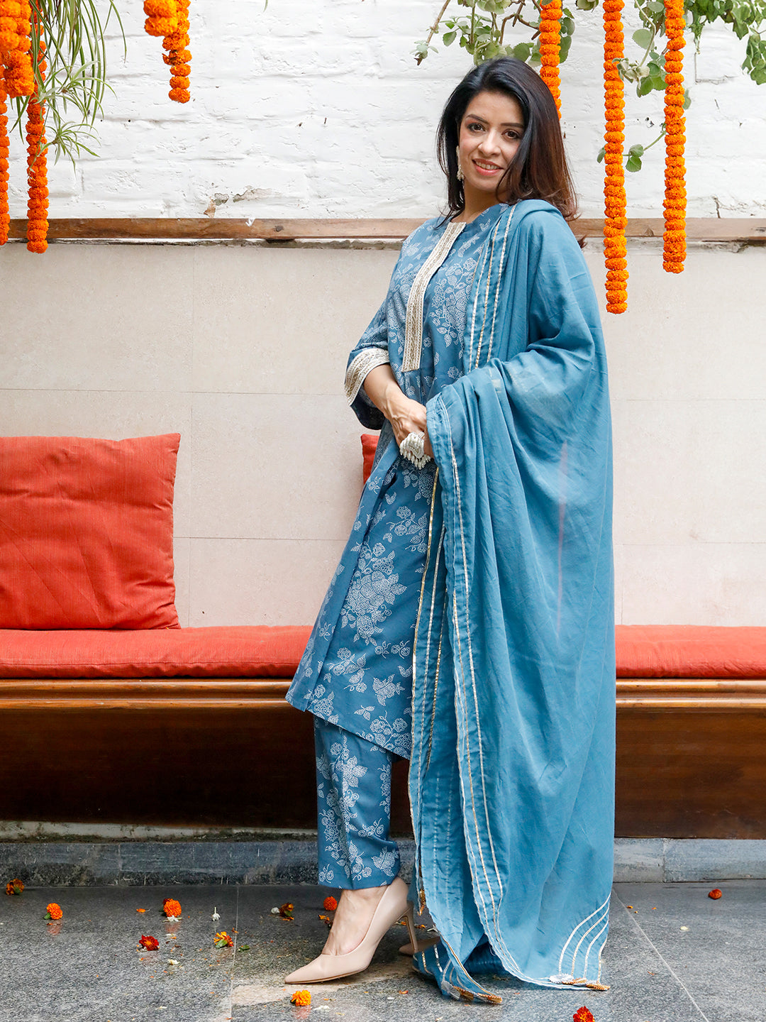 Mishri Blue Khadi Prin Kurta & Pant with Dupatta