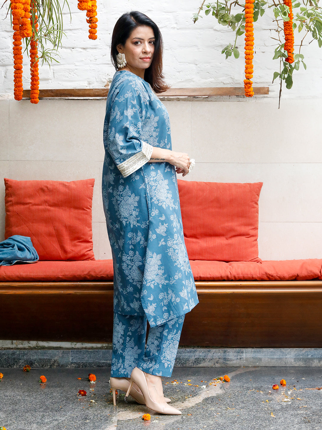 Mishri Blue Khadi Prin Kurta & Pant with Dupatta